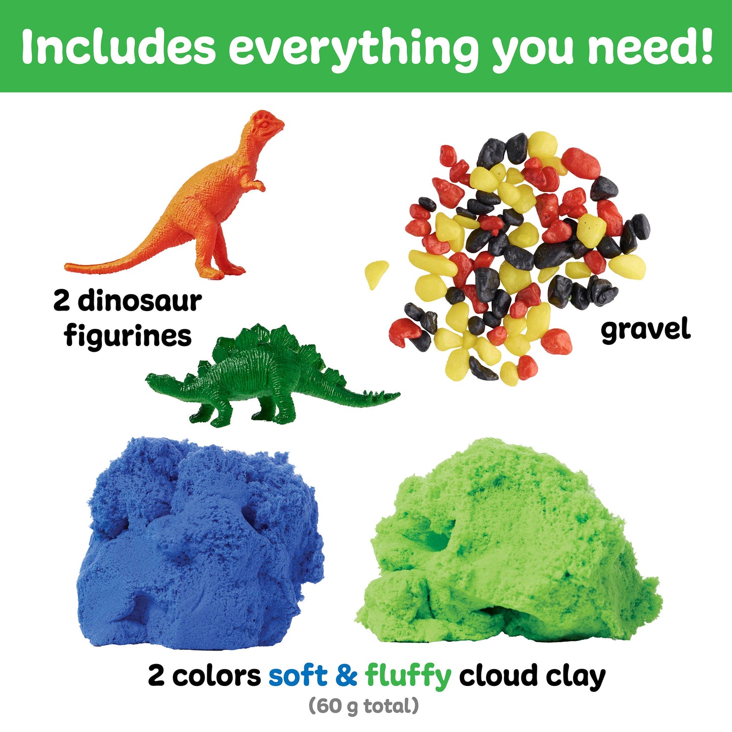 Set of dinosaur figurines, gravel, blue and green cloud clay with text indicating contents.