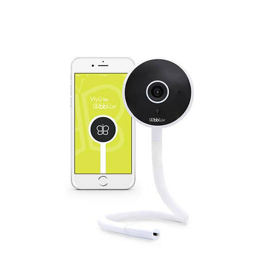 Smart camera with a smartphone displaying the Bbluv app on a white background