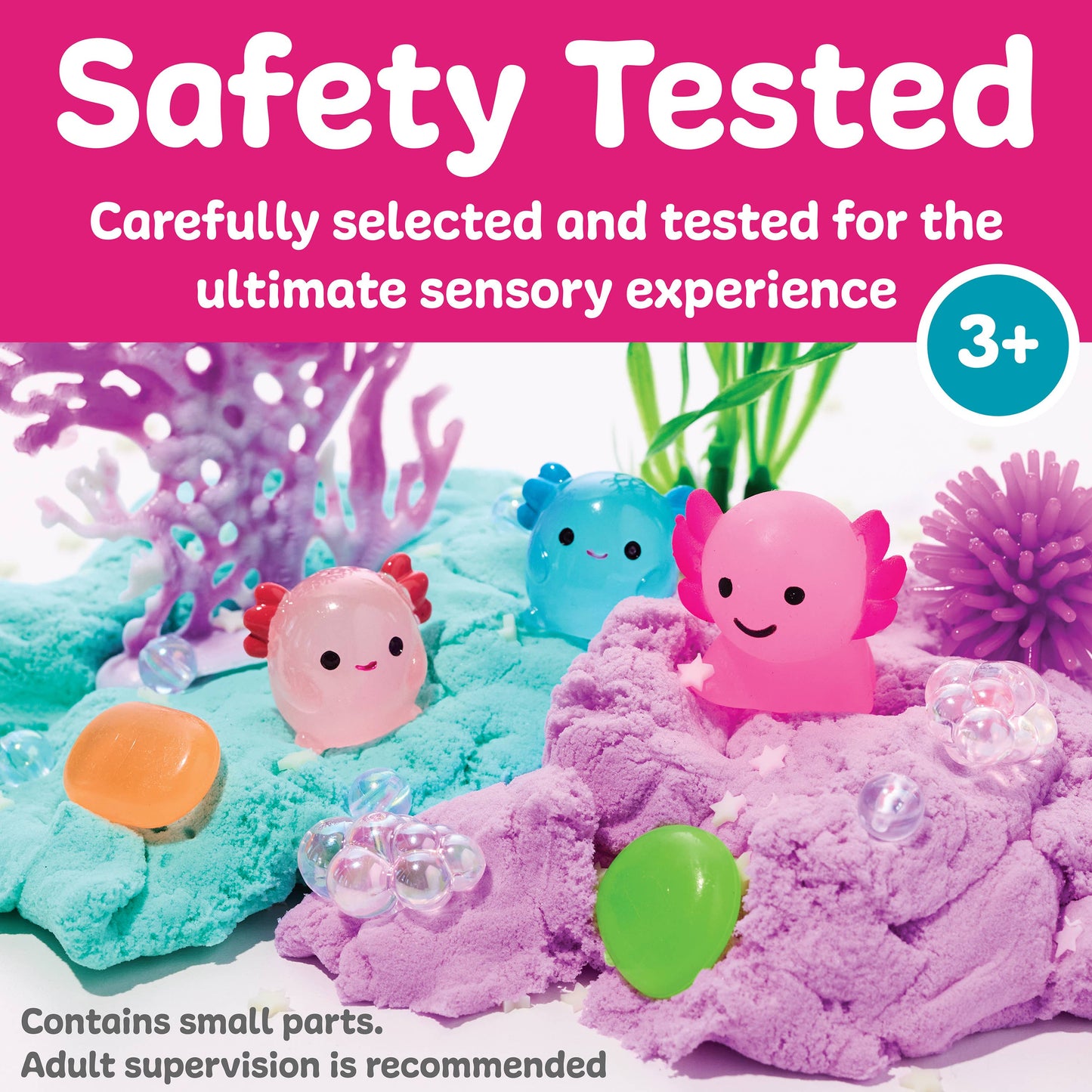 Toy set with colorful sea creatures and coral on a pink background, labeled 'Safety Tested' and '3+'.