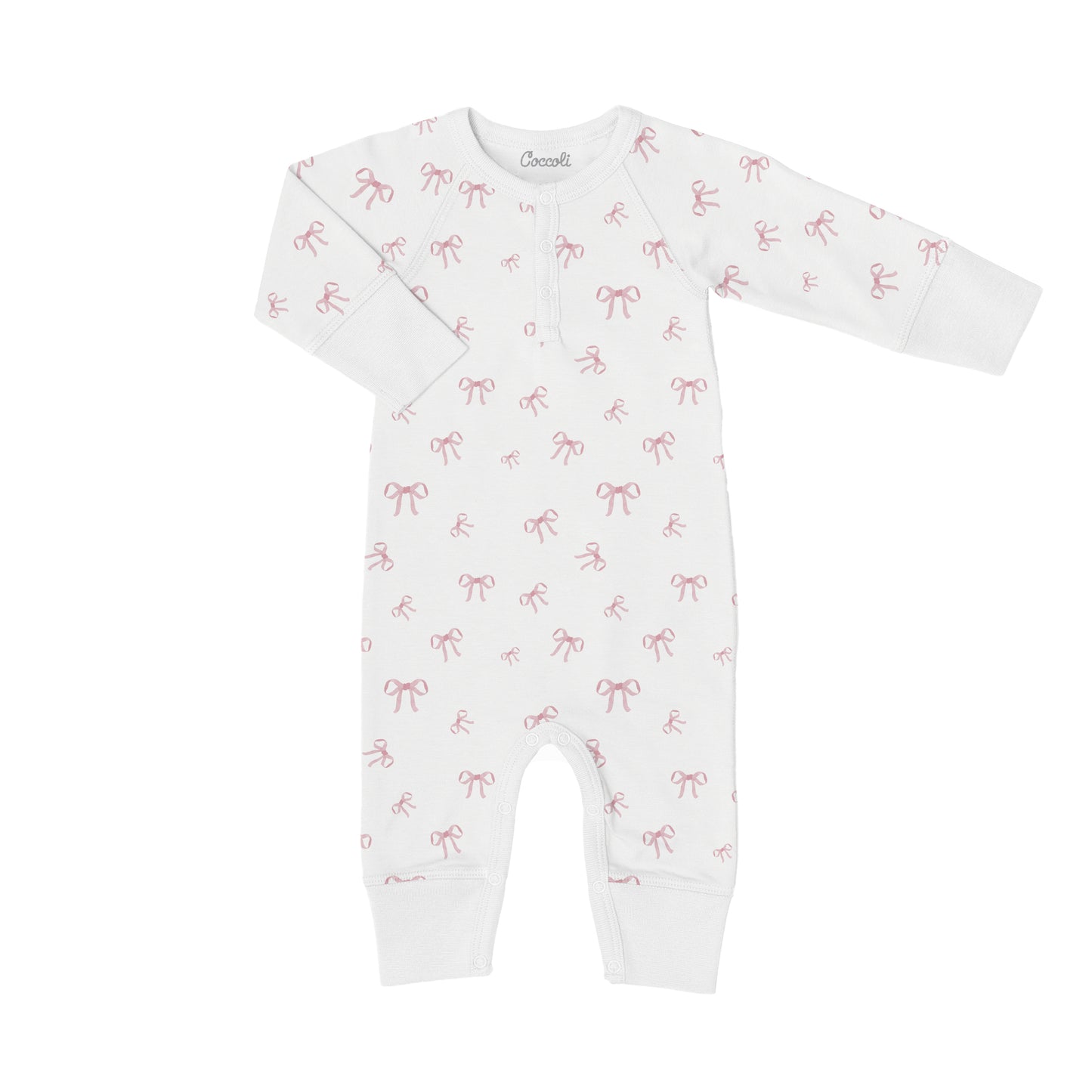 Coccoli Cotton Modal Zipper Union Suit Pink Bows on White