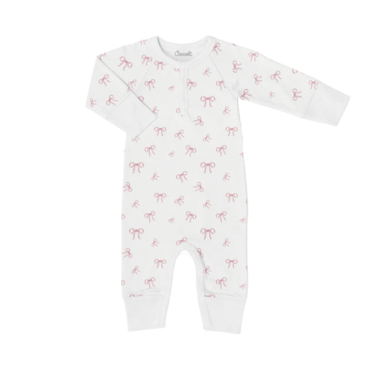 Coccoli Cotton Modal Zipper Union Suit Pink Bows on White