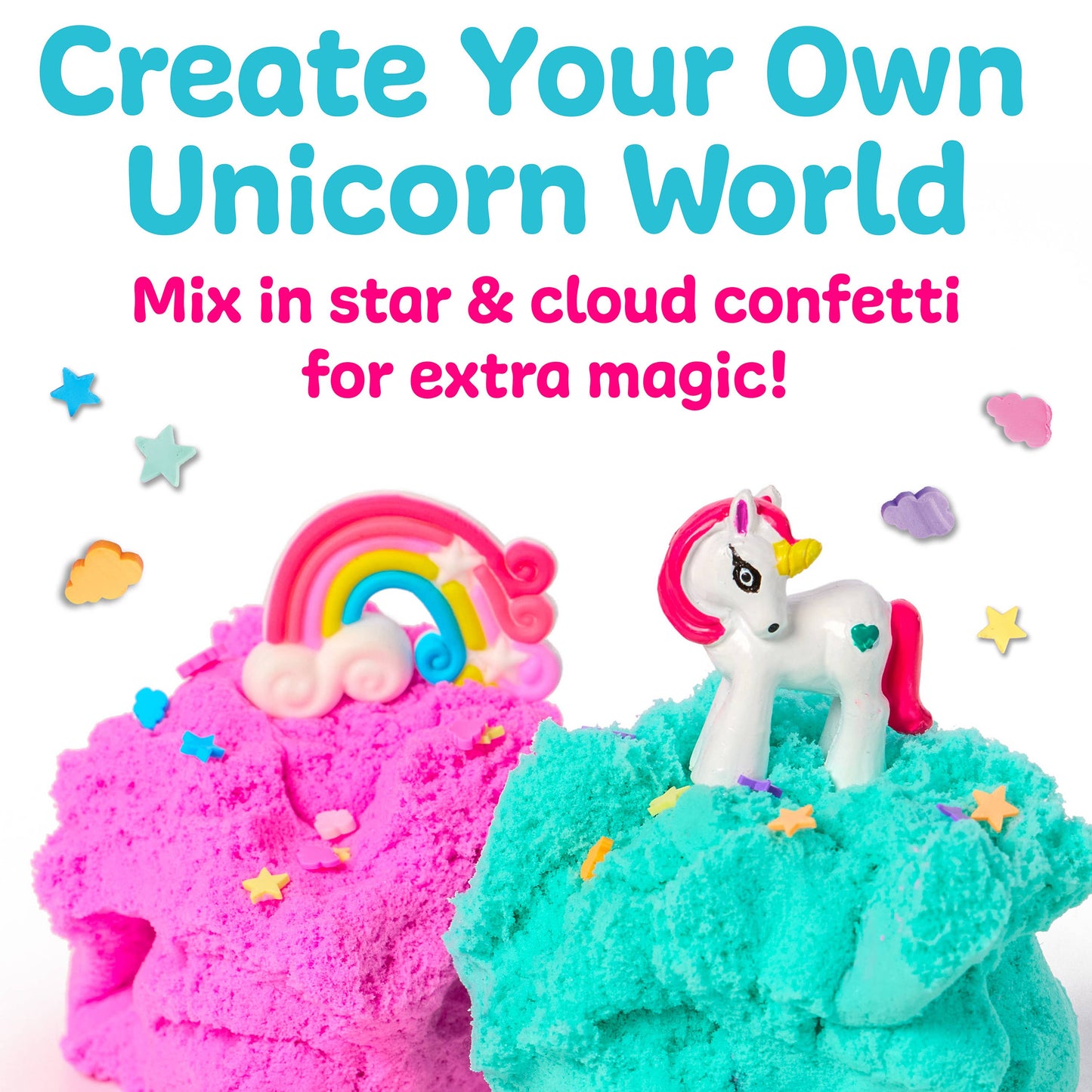 Unicorn toy with colorful sand and confetti on a white background