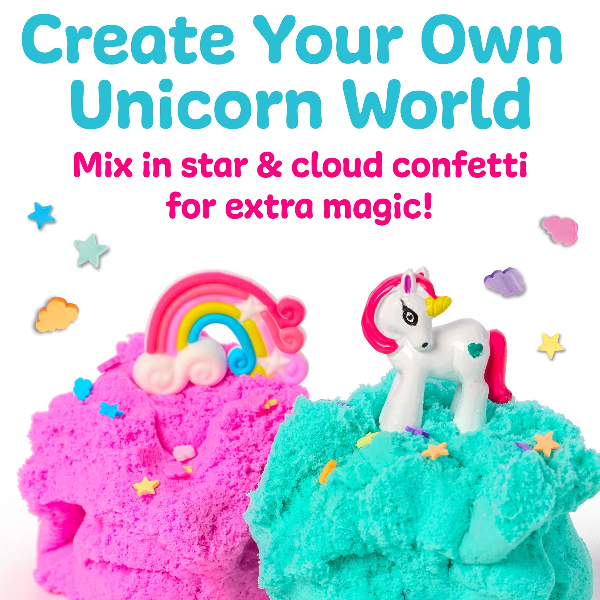 Unicorn toy with colorful sand and confetti on a white background