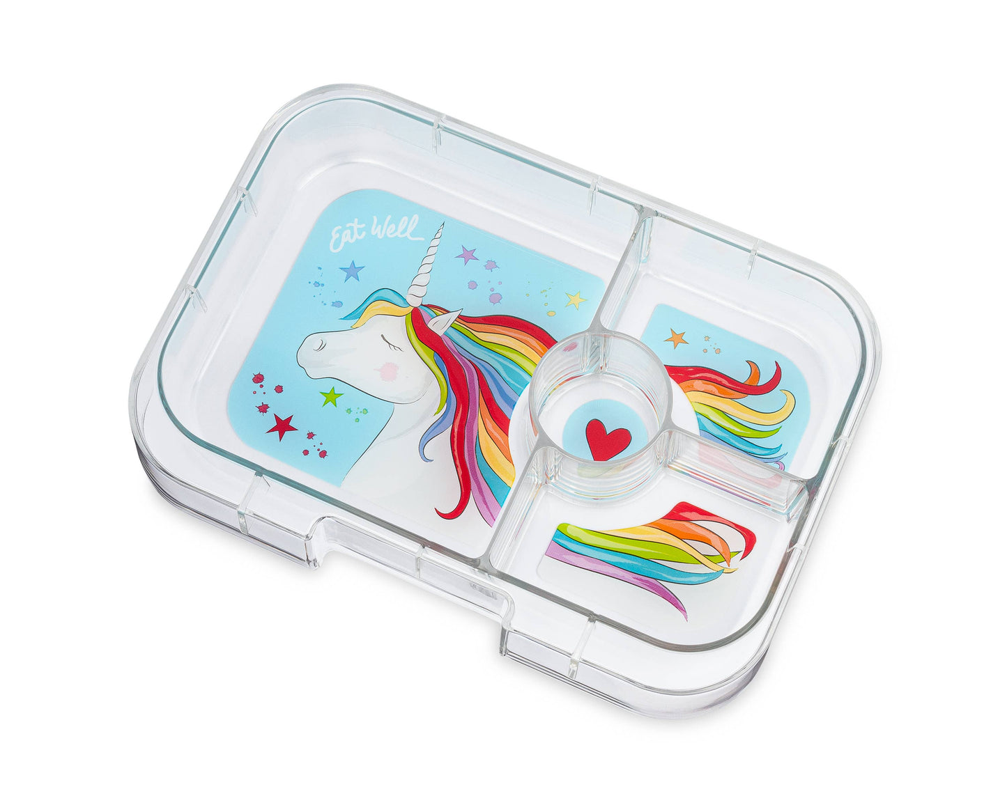 Yumbox clear tray insert with unicorn designs on a white background 