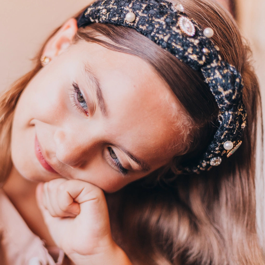 Frog Sac - Embellished Knot Headband - Tweed Rhinestone Pearl