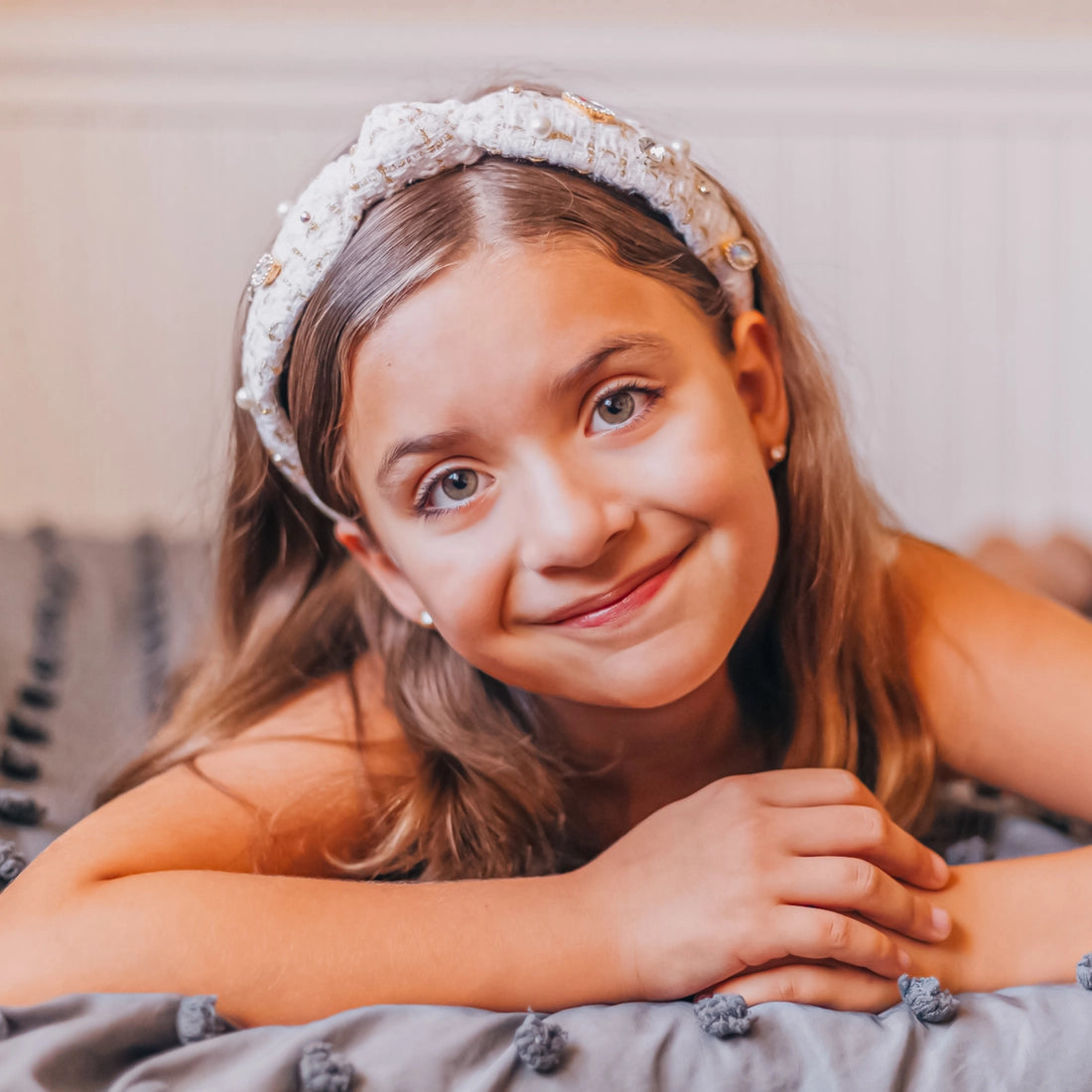 Frog Sac - Embellished Knot Headband - Tweed Rhinestone Pearl