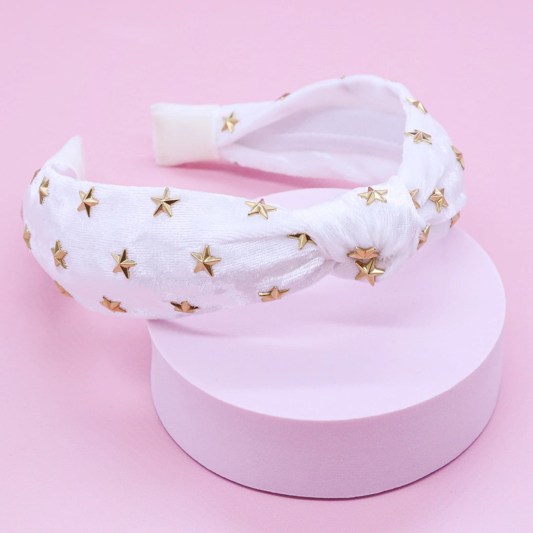 Frog Sac - Kids Knot Headband - White Star Stud Velvet Hair Accessories