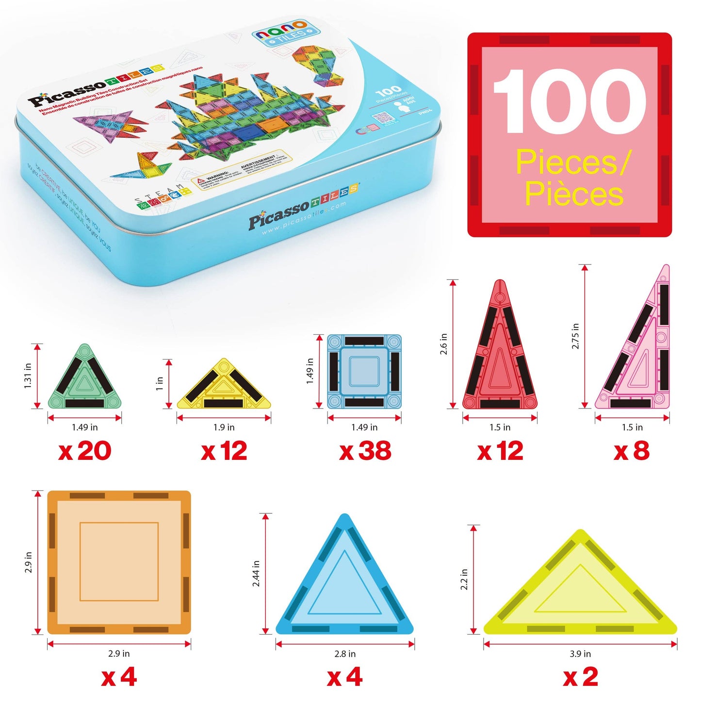 PicassoTiles 100pc Nano Magnetic Building Tiles Construction Travel Set