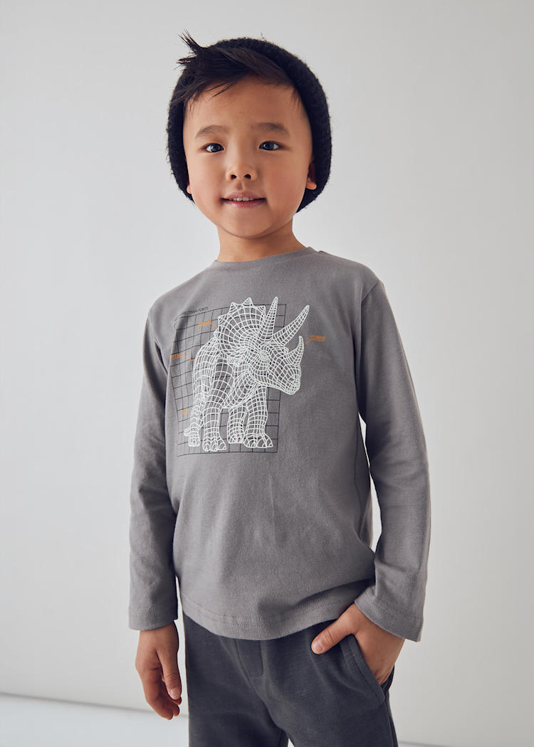 Mayoral Boy Printed T-Shirt Glow in the Dark Grey Triceratops Dinosaur