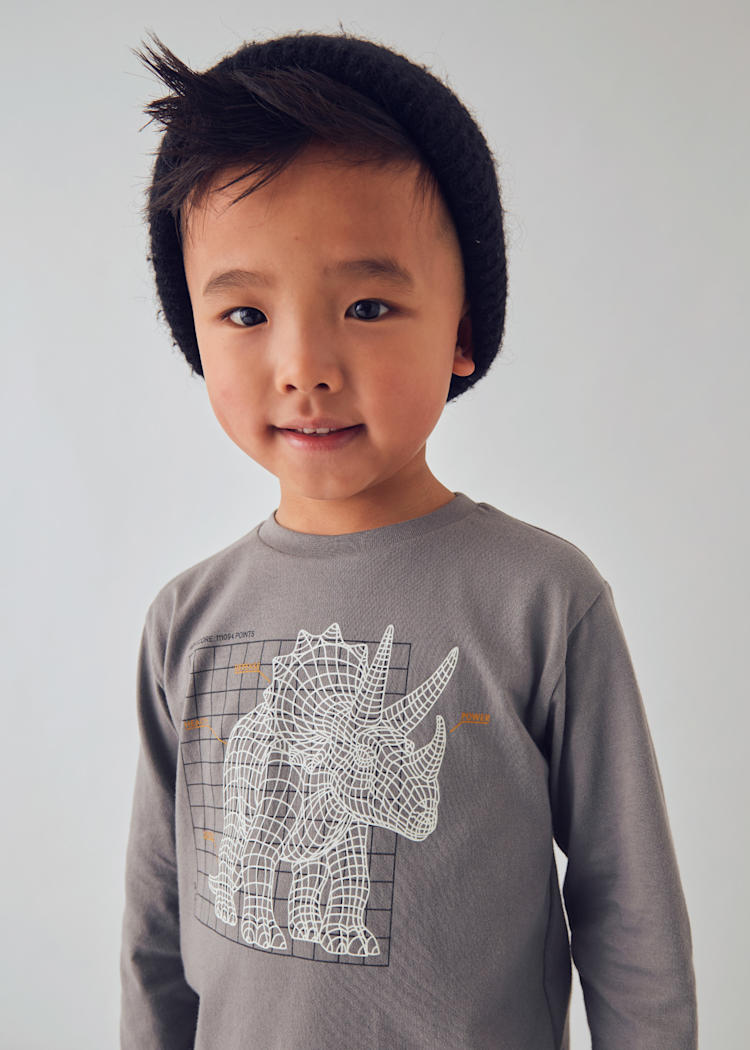 Mayoral Boy Printed T-Shirt Glow in the Dark Grey Triceratops Dinosaur