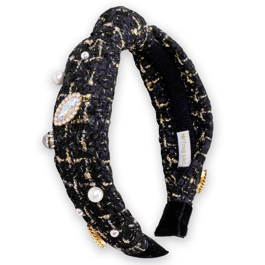 Frog Sac - Embellished Knot Headband - Tweed Rhinestone Pearl