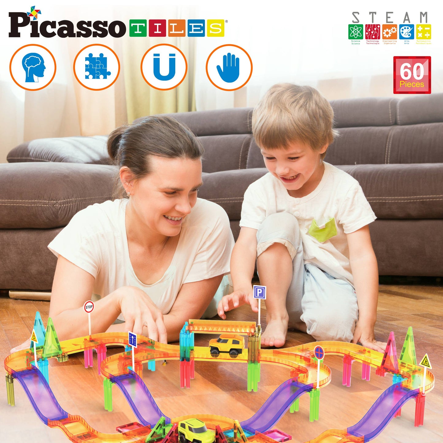 PicassoTiles 60pc Travel Size Magnetic Tile Race Track Set