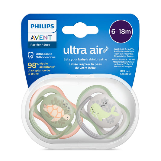 Philips Avent - Ultra Air Pacifier - 6-18m - Orange Turtle + Green Whale - 2 pack