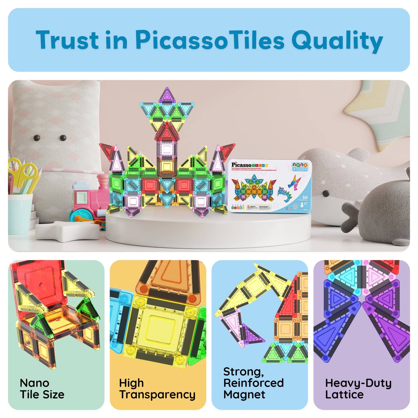 PicassoTiles 50pc Nano Magnetic Building Tiles Construction Travel Set