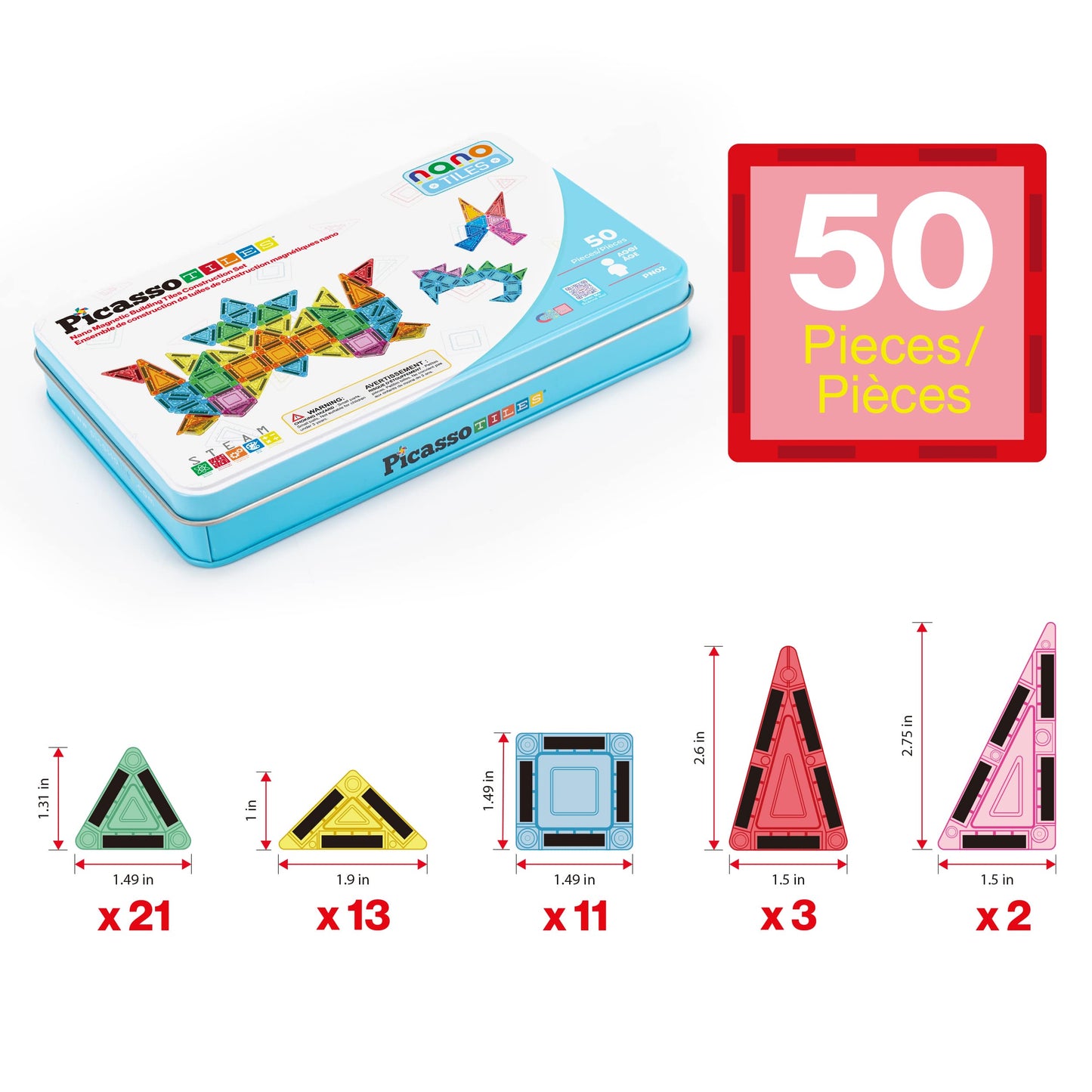 PicassoTiles 50pc Nano Magnetic Building Tiles Construction Travel Set