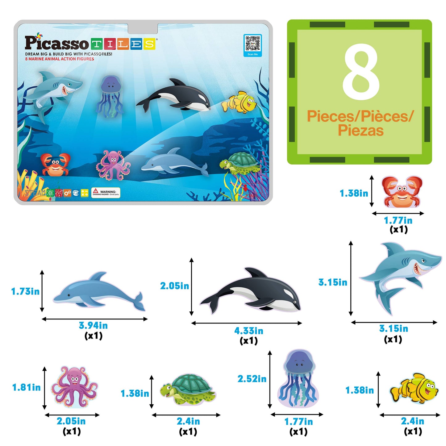 PicassoTiles 8pc Marine Animal Magnetic Action Figures