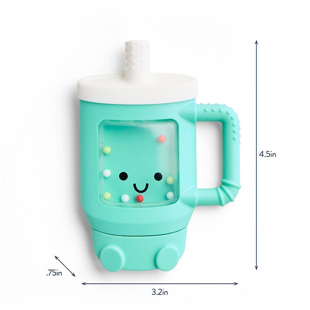 Teal children's teether with smiley face design and straw, shown with measurements on a white background.