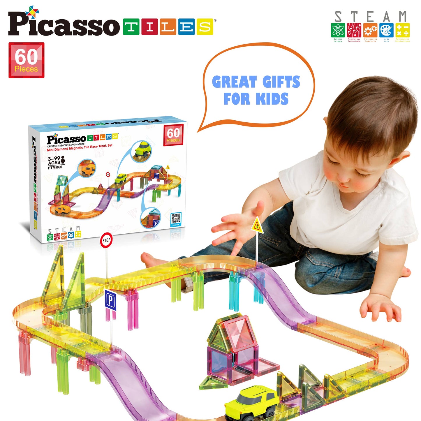 PicassoTiles 60pc Travel Size Magnetic Tile Race Track Set