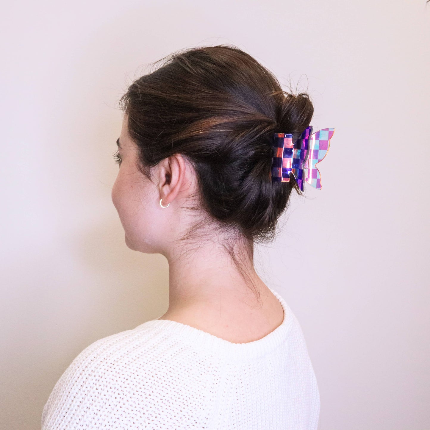 Frog Sac - Medium Iridescent Checkered Butterfly Hair Claw Clip