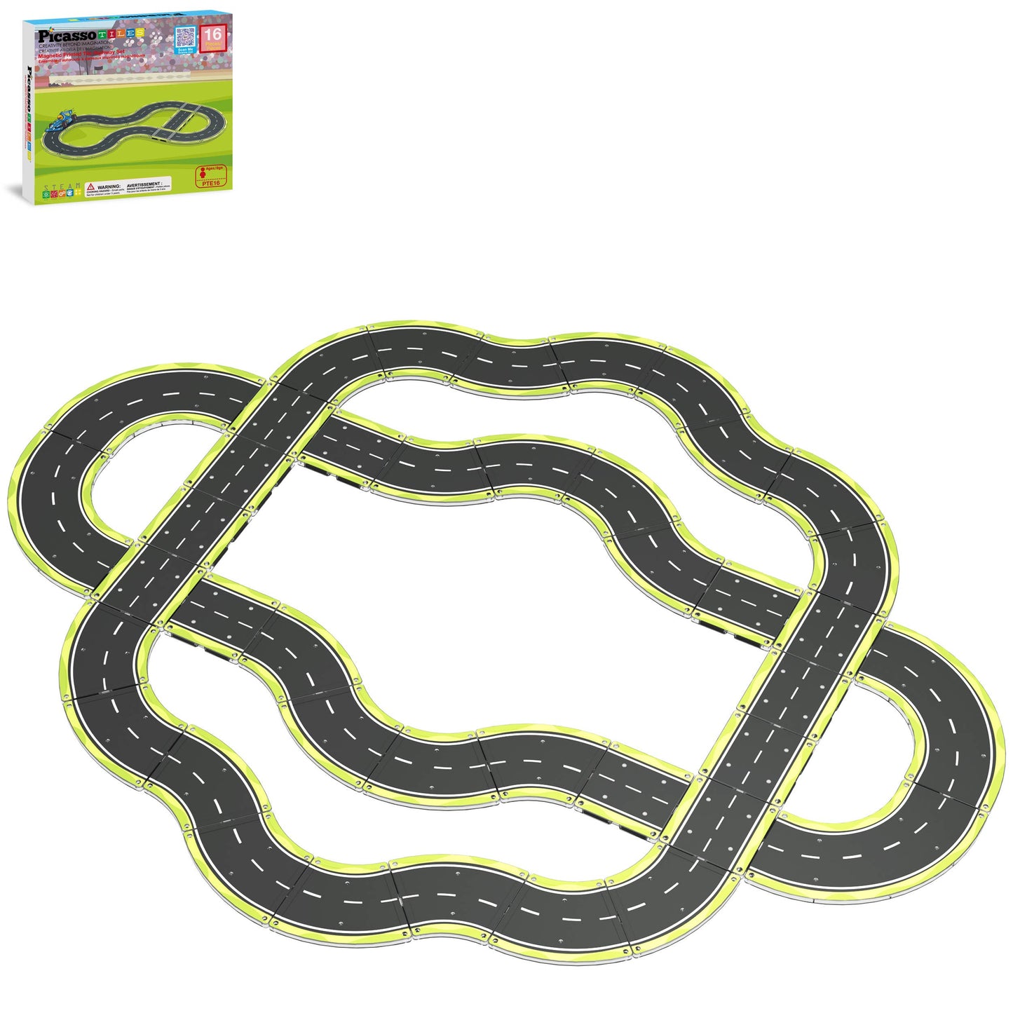 PicassoTiles 16pc Magnetic Car Track Speedway Set