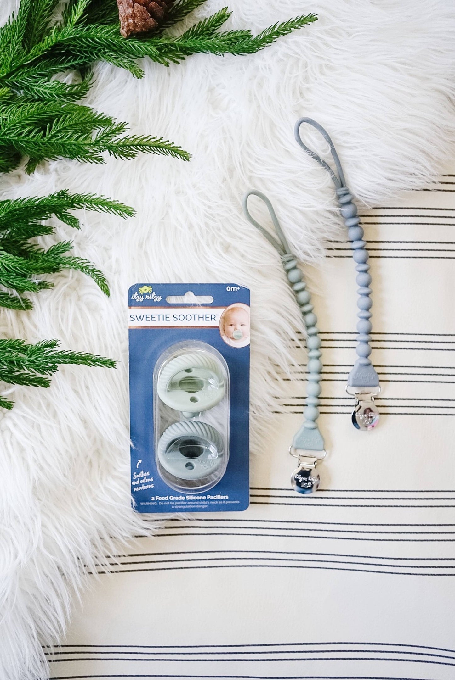 Itzy Ritzy - Sweetie Strap™ Silicone One-Piece Pacifier Clips: Pink and Silver Beaded