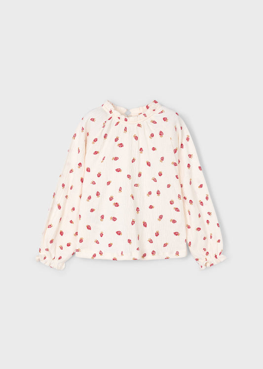 Mayoral Girl's Flowy Bambula Shirt Strawberry Print