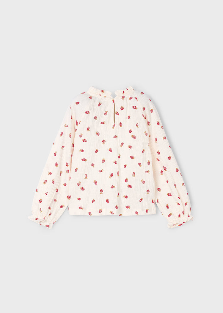 Mayoral Girl's Flowy Bambula Shirt Strawberry Print
