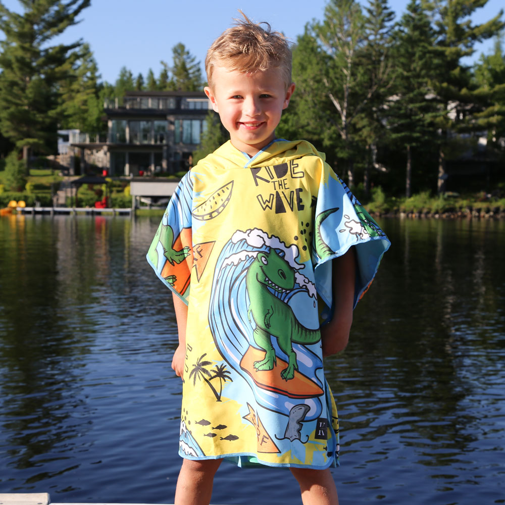 K5 - Children's Microfiber Poncho - Surfing Dinosaur