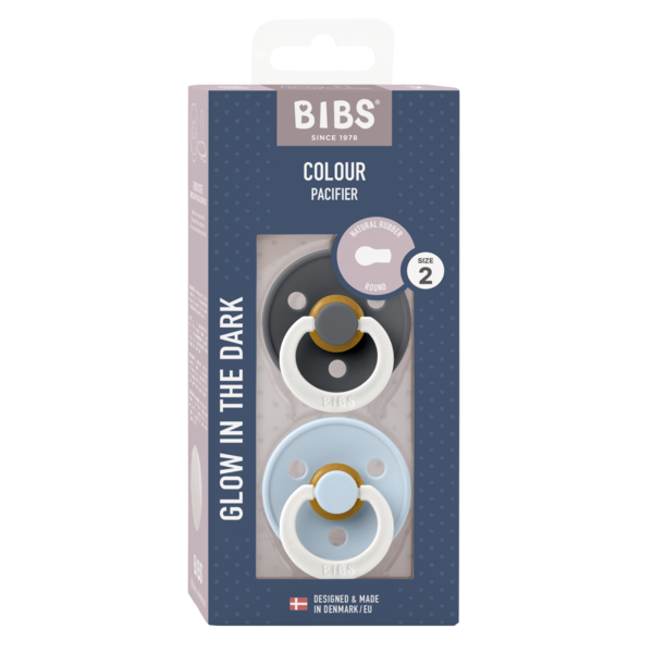 BIBS Pacifier Original COLOUR Latex 2 PK Iron GLOW / Baby Blue GLOW