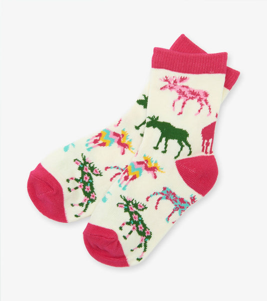 Little Blue House Patterned Moose-  Kids Crew Socks